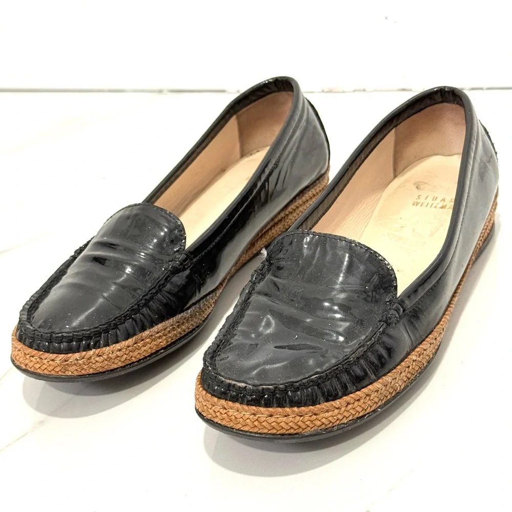 Stuart Weitzman Glossy Black Loafers with Brown Trim‎ 7.5